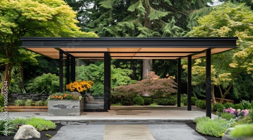 Luxurious morning outdoor garden design with teak wood deck and elegant black pergola, contemporary large glass windows surrounded by lush greenery, blending modern architecture minimalist design