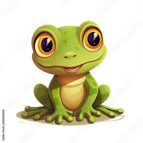 A cheerful cartoon frog sitting happily with big eyes and a friendly smile in a playful pose photo