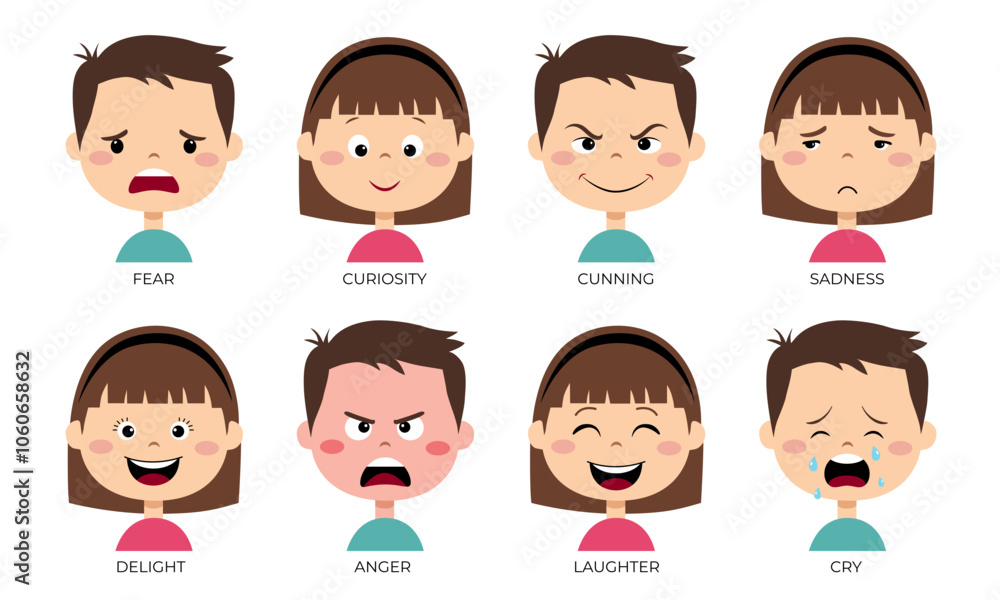 Children's faces with emotions of joy, anger, curiosity, sadness, cunning. Different face expressions set. Children's faces with emotions of joy, anger, curiosity, sadness, cunning. Different face expressions set.