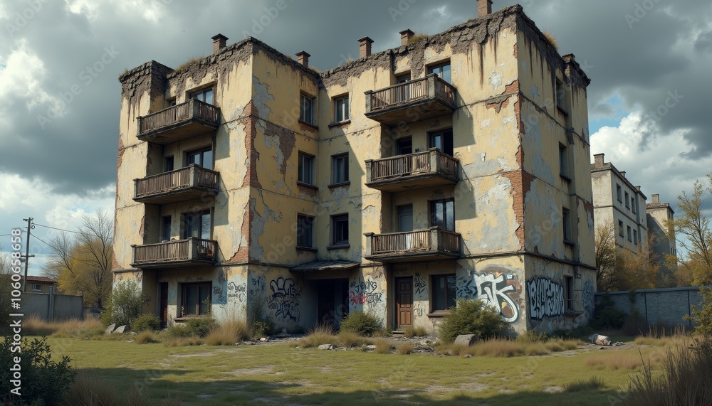 Detailed Illustration of a Dilapidated Apartment Building in Decay. Detailed Illustration of a Dilapidated Apartment Building in Decay.