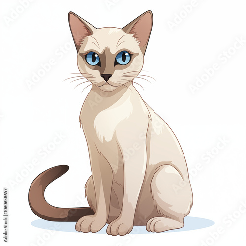 A cartoon features a charming Siamese cat with bright blue eyes and a sleek cream-colored coat