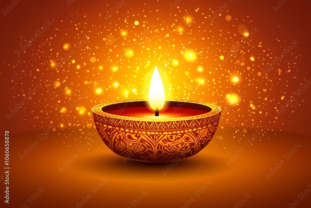 A decorative oil lamp glows against a vibrant orange background adorned with intricate patterns during a festive celebration A decorative oil lamp glows against a vibrant orange background adorned with intricate patterns during a festive celebration