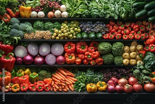 Assortment of Fresh Produce Displayed on Wooden Shelves