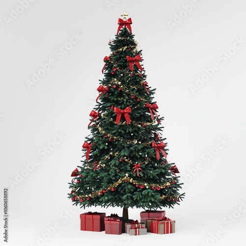 Grand sapin de Noël décoré de nœuds rouges et guirlandes dorées avec cadeaux.