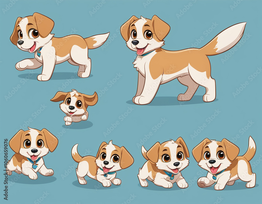 Obraz premium cartoon-style puppy with a playful and energetic personality, in multiple poses_ running, sitting, lying down, and wagging its tail, with a variety of expressions, from excited and happy to curious an