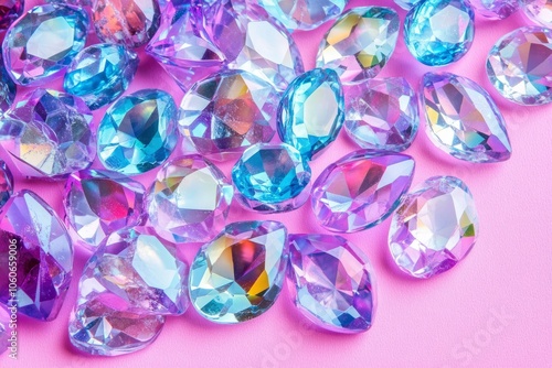 Multifaceted Gems in Purple and Blue Hues on a Pink Background