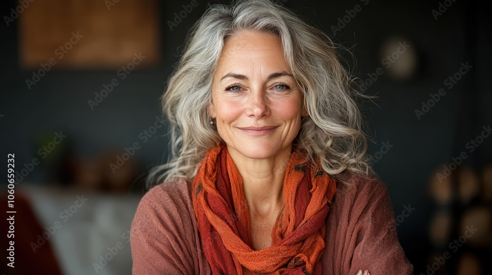 A confident, smiling woman with gray hair wears an orange scarf, conveying warmth and approachability, embodying grace and elegance in a casual setting. A confident, smiling woman with gray hair wears an orange scarf, conveying warmth and approachability, embodying grace and elegance in a casual setting.