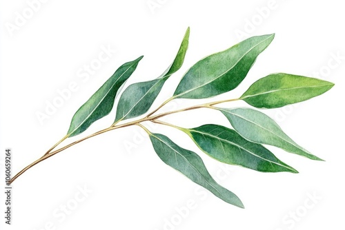 Watercolor Eucalyptus Leaf Illustration on White Background with Hand-drawn Botanical Design