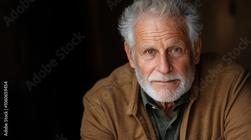 A smiling elderly man with gray hair and a neat beard wears a cozy brown jacket, exuding warmth and friendliness while sitting casually in a warmly lit setting.