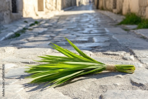 Fresh palm leaf bundle on street photo