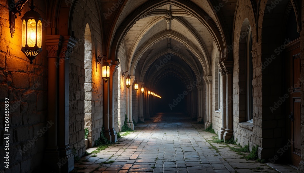 Enigmatic Medieval Corridor with Intricate Stone Arches and Lanterns Enigmatic Medieval Corridor with Intricate Stone Arches and Lanterns