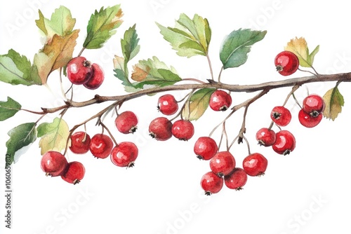 Watercolor Illustration of Fresh Red Hawthorn Berries and Green Leaves on White Background