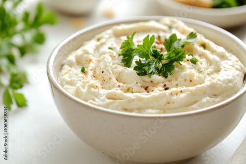 This is a delicious and creamy dip that is beautifully garnished with fresh herbs, making it perfect for any snacks