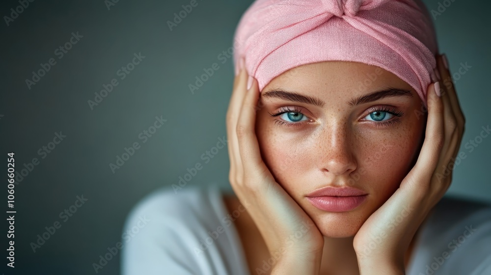 A woman, wrapped in a pink headscarf, gazes forward with an expression of thoughtfulness, capturing a moment of contemplation and serene reflection in soft light. A woman, wrapped in a pink headscarf, gazes forward with an expression of thoughtfulness, capturing a moment of contemplation and serene reflection in soft light.