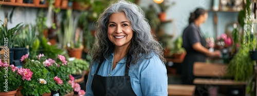 A photo of an attractive, smiling middle-aged woman with long, curly gray hair working at her plant shop