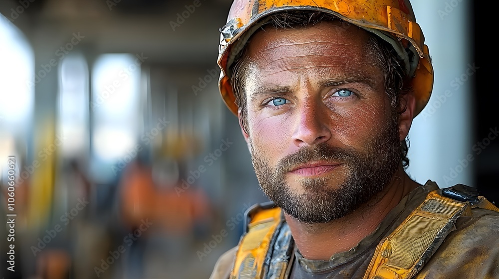 Confident Worker in Protective Gear at Construction Site Confident Worker in Protective Gear at Construction Site