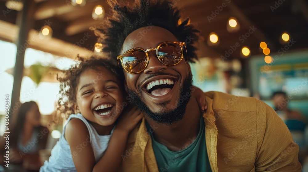 A joyful father and daughter share a laughter-filled moment, captured in warm, golden lighting, showcasing familial love and happiness in a cozy café setting. A joyful father and daughter share a laughter-filled moment, captured in warm, golden lighting, showcasing familial love and happiness in a cozy café setting.