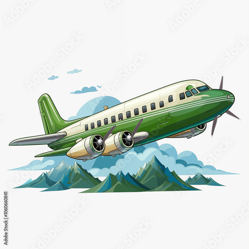 Wallpaper Mural Cartoon depiction of a vintage green airplane flying over green mountains under a cloudy sky Torontodigital.ca