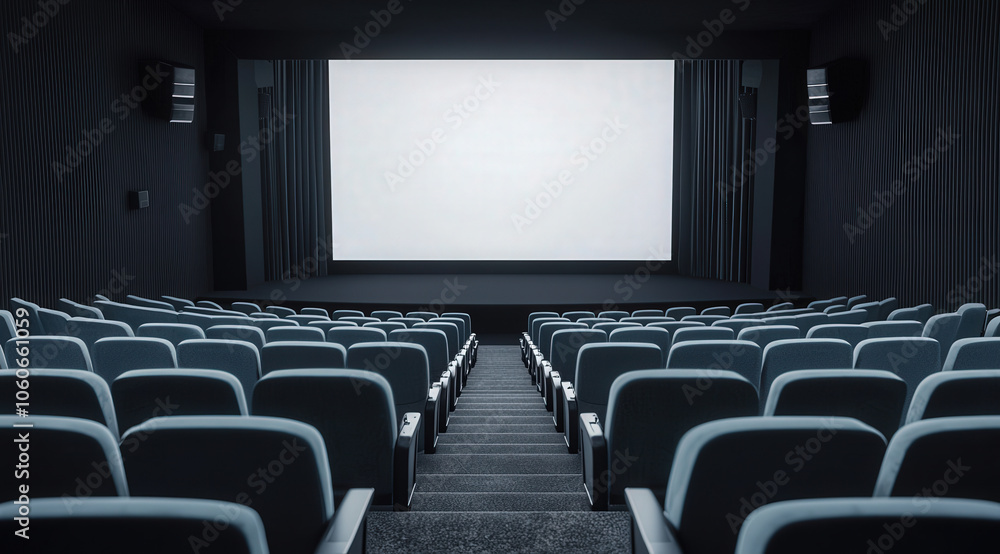 Fototapeta premium black and white cinema hall with blank screen, featuring minimalist design and empty seating, evokes sense of anticipation and calm