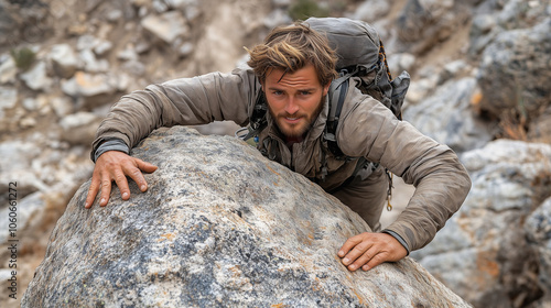 Hiker helping another up a steep boulder on a mountain trail: A hiker with five fingers visible on each hand reaches down to help their friend climb a large boulder. Both have dete photo