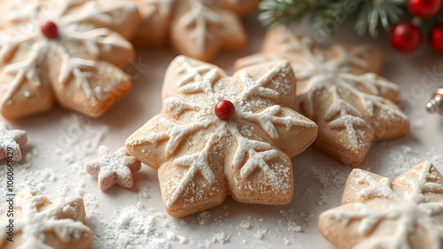 Tasty Christmas cookies with icing on white wooden table against blurred lights, closeup