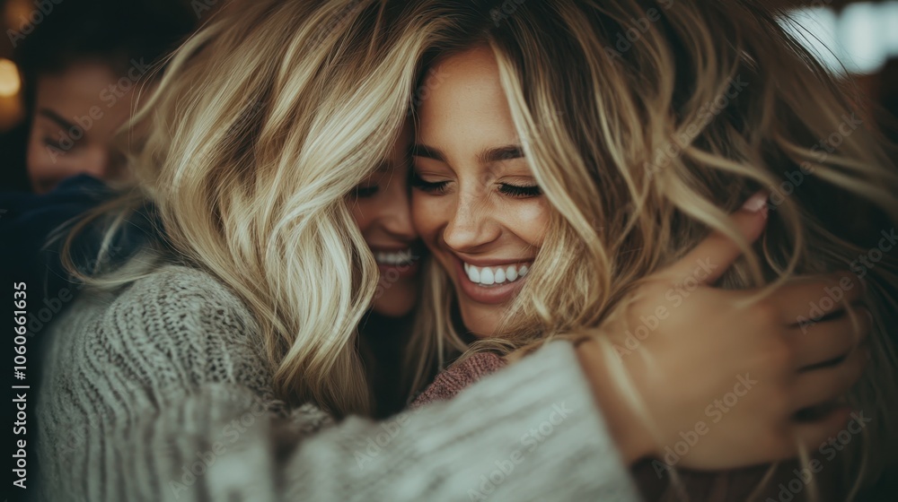 This image portrays two women with glowing smiles, warmly embracing each other in a cozy indoor setting, emphasizing warmth, affection, and strong friendship bonds. This image portrays two women with glowing smiles, warmly embracing each other in a cozy indoor setting, emphasizing warmth, affection, and strong friendship bonds.