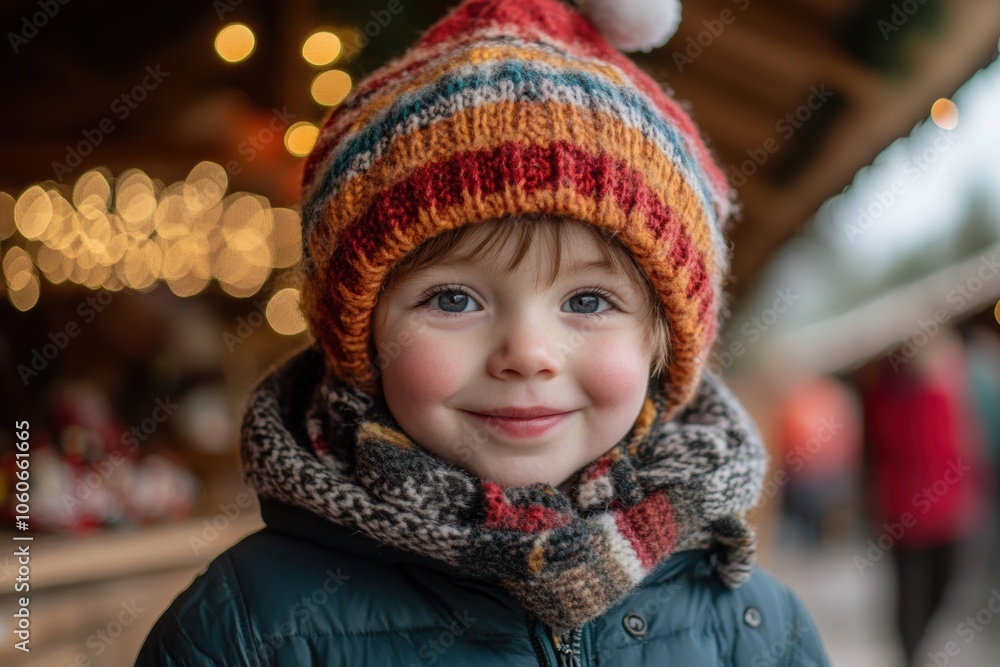 A cheerful child bundled in a colorful knit hat and scarf, enjoying a winter day outdoors with a backdrop of warm lights. A cheerful child bundled in a colorful knit hat and scarf, enjoying a winter day outdoors with a backdrop of warm lights.