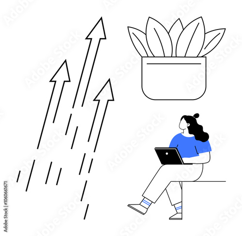 Woman working on a laptop seated beside a potted plant. Upward arrows indicating growth. Ideal for business growth, remote work, productivity, career development, personal growth, technology