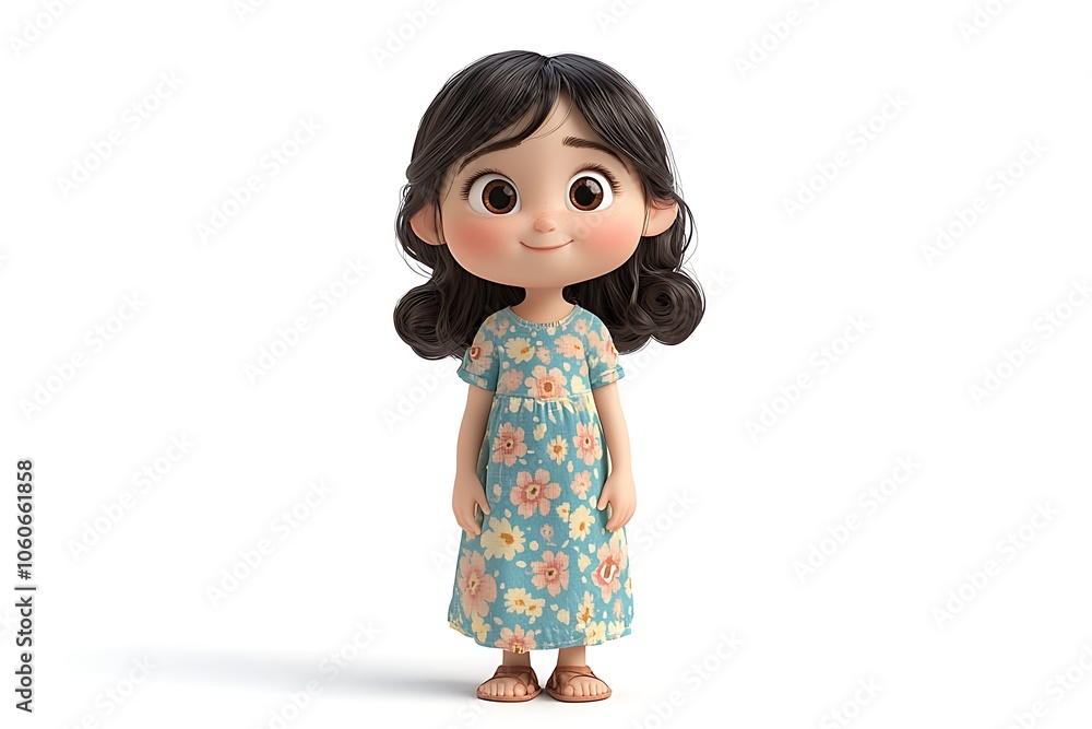Cute Cartoon Girl in Floral Dress and Sandals Cute Cartoon Girl in Floral Dress and Sandals