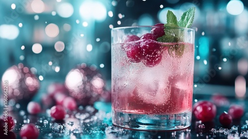 A refreshing cocktail filled with ice, garnished with bright red cranberries and green mint leaves, providing a sense of freshness, vitality, and indulgence.