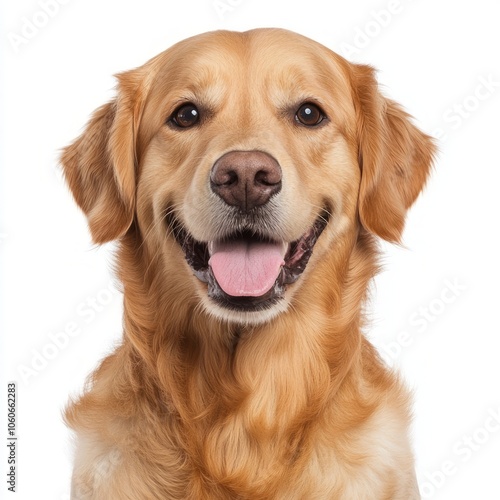 A golden retriever dog with a happy expression and tongue sticking out.