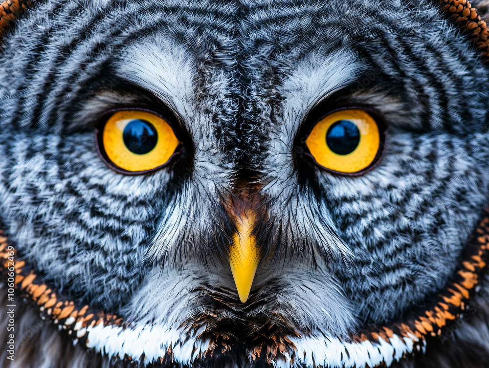 Closeup of great gray owl face. ,Carnivorous bird with amber eyes. Closeup of great gray owl face. ,Carnivorous bird with amber eyes.