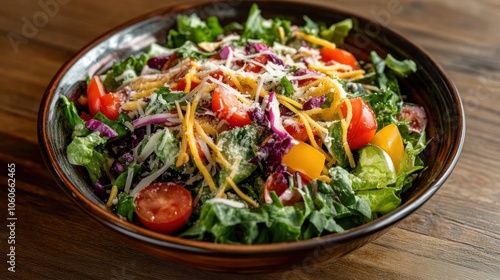 A colorful salad featuring various vegetables and cheese in a bowl.