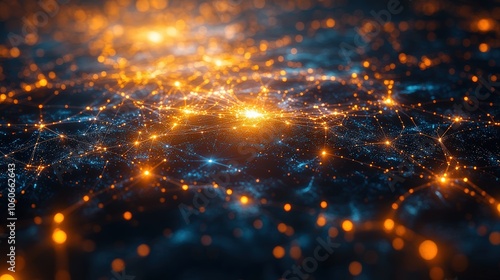 Image features a grid of glowing network nodes with connections, symbolizing connectivity and data