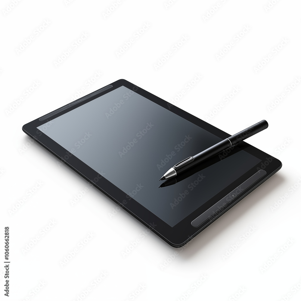 A digital drawing tablet with a stylus resting on its surface in a minimalist workspace setup A digital drawing tablet with a stylus resting on its surface in a minimalist workspace setup