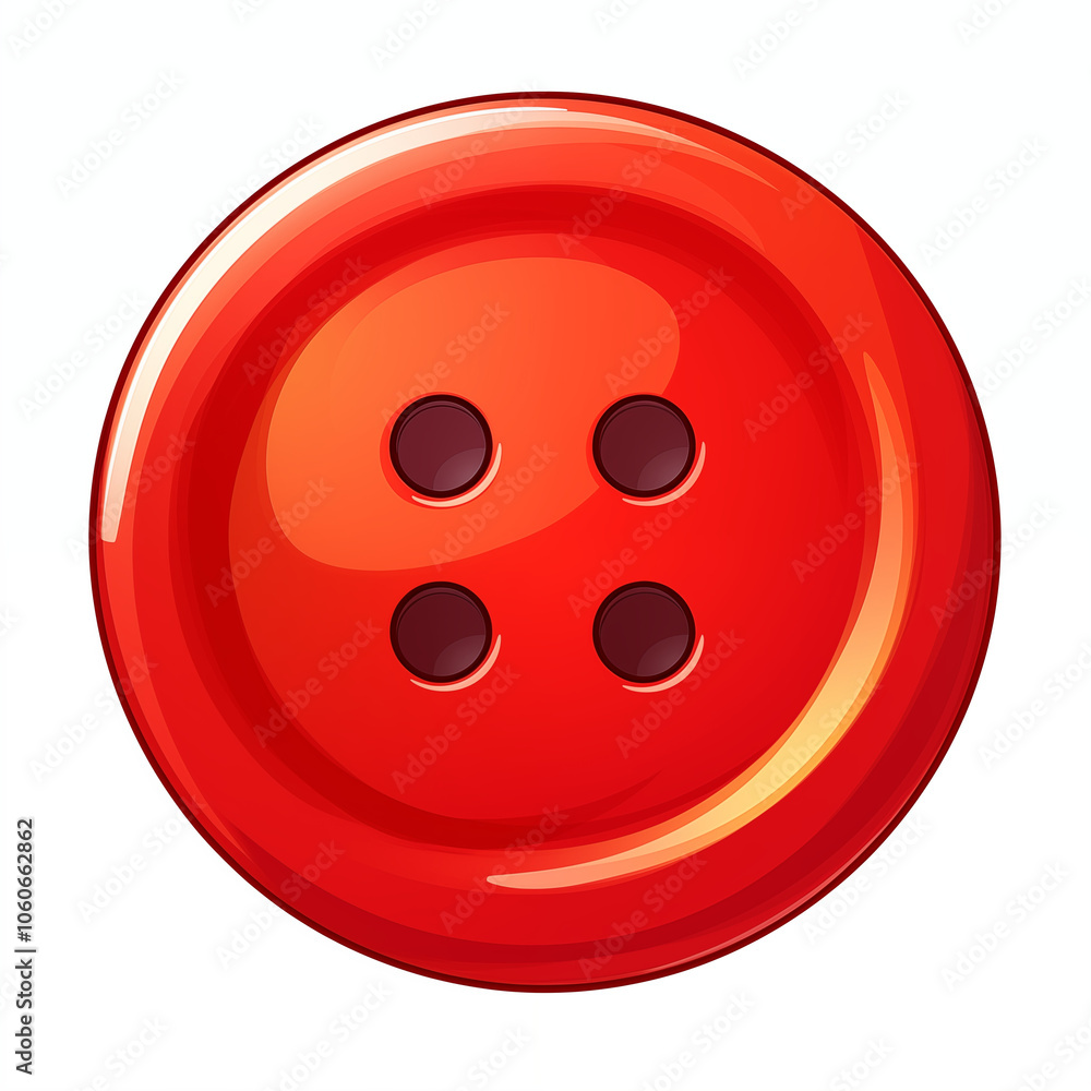 Bright red cartoon button with four holes sitting on a white background Bright red cartoon button with four holes sitting on a white background