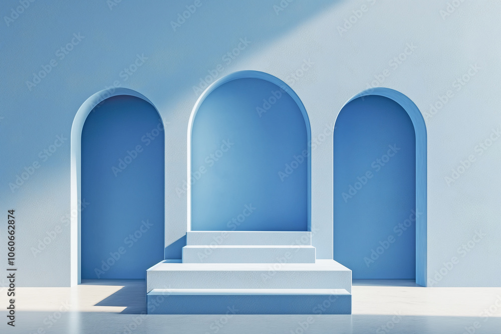 Empty blue room with window on the side with arches and columns Empty blue room with window on the side with arches and columns