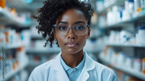 A focused female pharmacist stands among rows of pharmacy products, showcasing her professionalism and dedication in a crisp, clinical atmosphere.