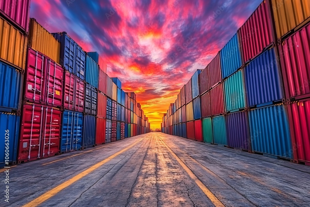 Fototapeta premium Vibrant sunset over a busy shipping yard filled with colorful containers at the harbor