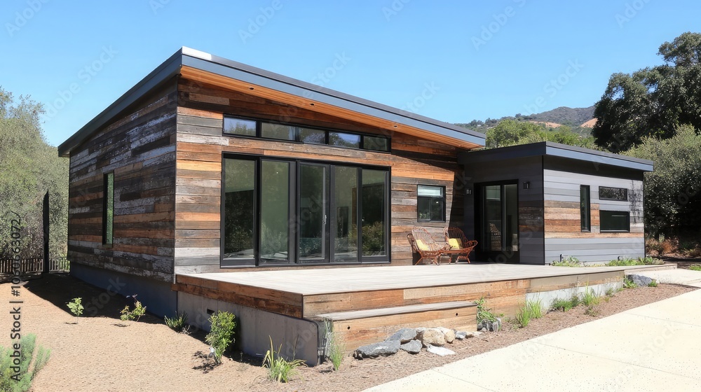 A modern home with rustic wood siding and a large deck. A modern home with rustic wood siding and a large deck.