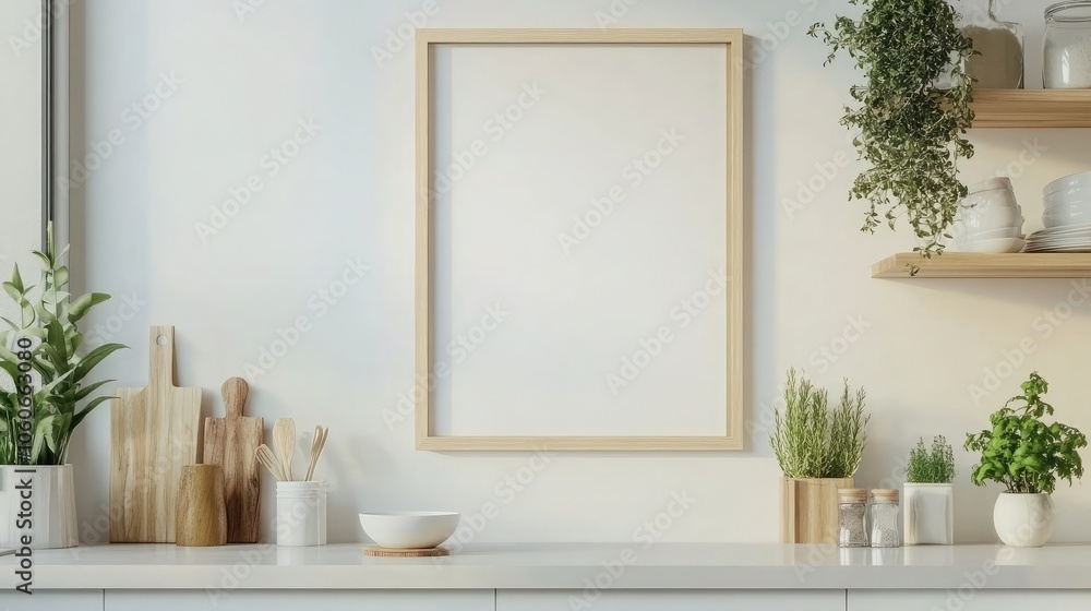 Fototapeta premium Minimalist kitchen countertop with a blank frame, potted plants, and wooden kitchenware.