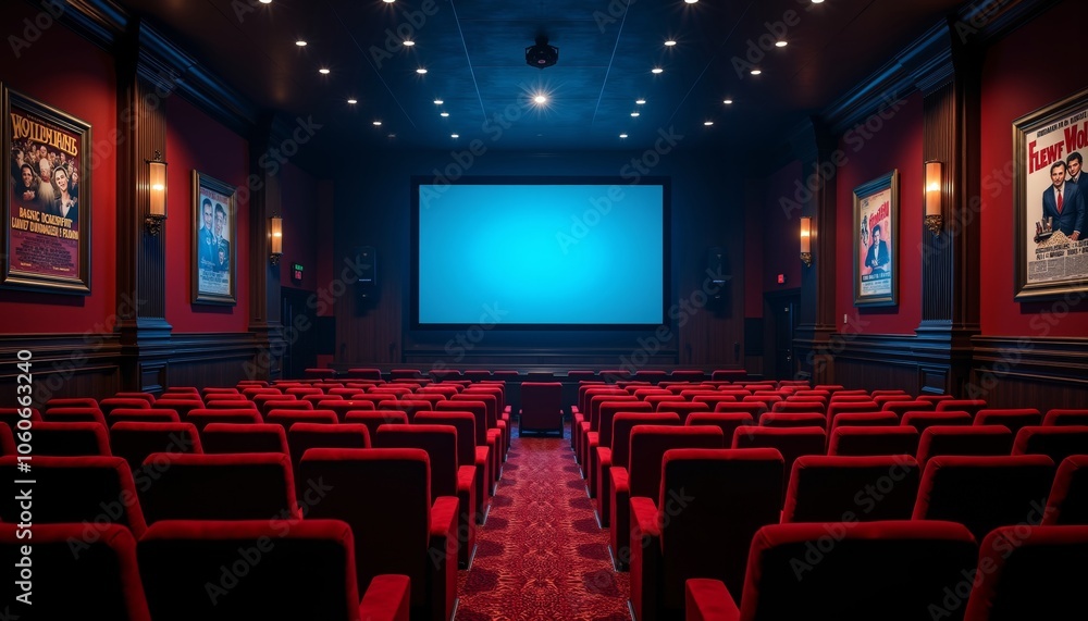 Fototapeta premium Cozy Movie Theater Interior with Plush Red Seats and Vintage Decor