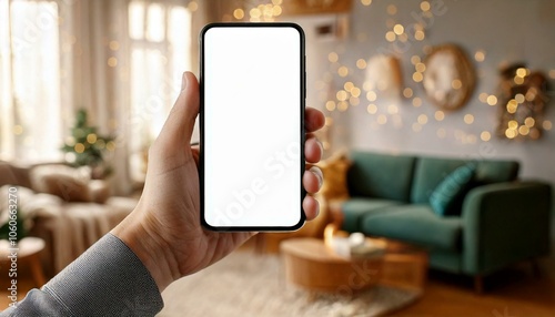 Mockup, People holding his phone in living room, Ai Generated Image photo