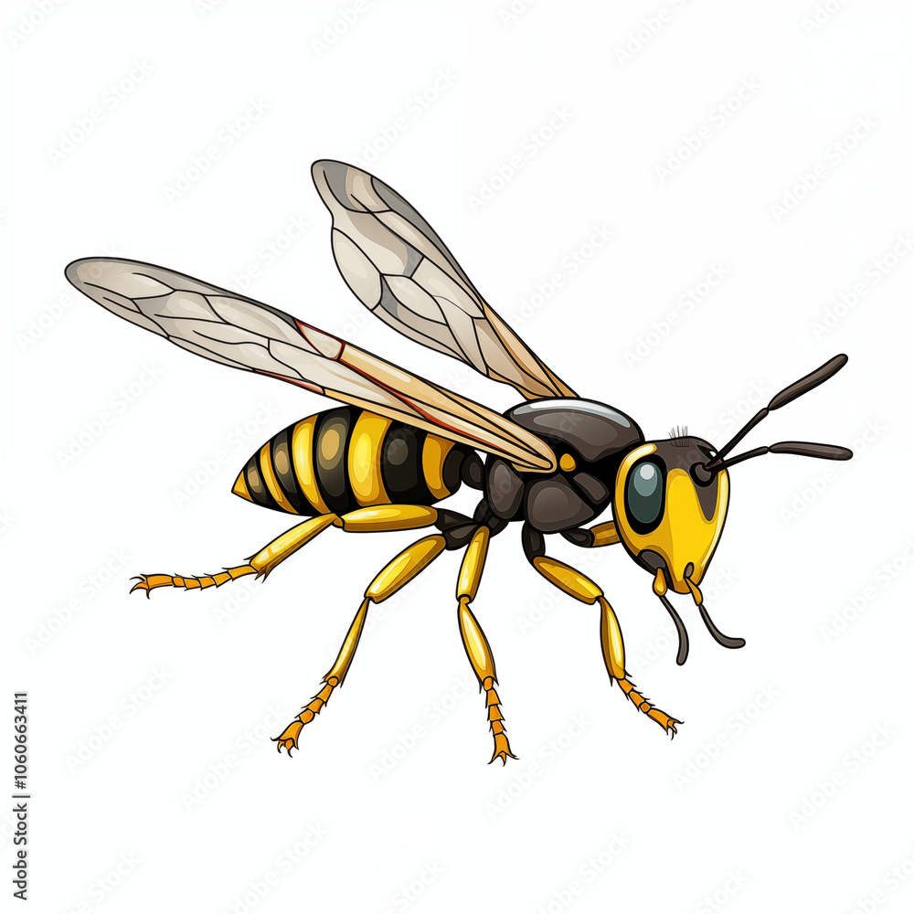 A colorful cartoon bee with distinct black and yellow stripes flying against a white background A colorful cartoon bee with distinct black and yellow stripes flying against a white background