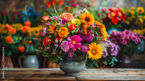 Wallpaper Mural Mixed Flower Bouquet: A vibrant bouquet of mixed flowers, including sunflowers, chrysanthemums, and roses, displayed in a vase on a wooden table, reflecting the florist's craft. Torontodigital.ca