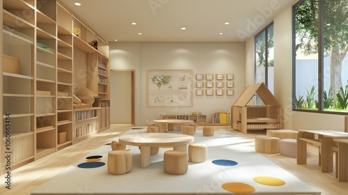 A bright and airy playroom with wooden furniture and large windows. The space is perfect for children to learn and play.