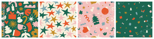 Merry Christmas abstract shape decoration seamless pattern set. Retro style winter holiday ornament cartoon texture. Xmas celebration event wallpaper, festive print collection.