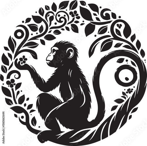 Ornate stylized monkey illustration in jungle foliage frame vintage primate animal nature design black white graphic art decorative circle silhouette