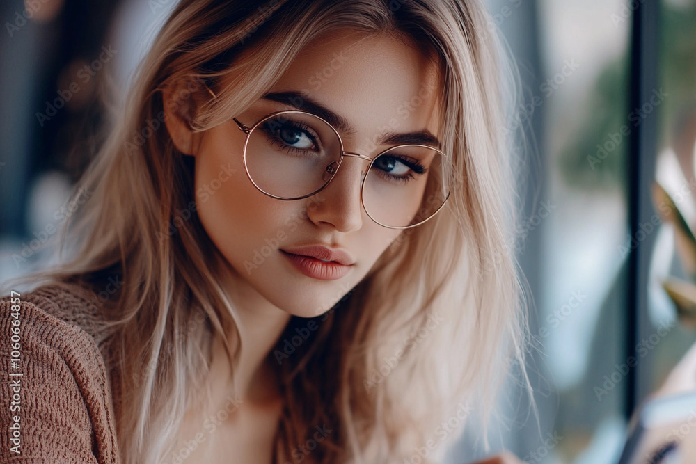 Young woman with glasses looking thoughtfully out a window Young woman with glasses looking thoughtfully out a window