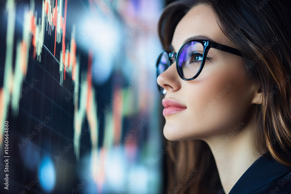Woman analyzing financial data on a digital screen Woman analyzing financial data on a digital screen